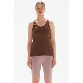 Comm-Ci Gale Ribanalı Atlet Kesim Örme kahverengi Kadın T-shirt