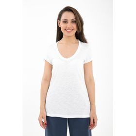 Comm-Ci Phul V Yaka Kısa Kollu Rahat Kesim Örme Beyaz Kadın T-shirt