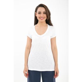Comm-Ci Phul V Yaka Kısa Kollu Rahat Kesim Örme Beyaz Kadın T-shirt