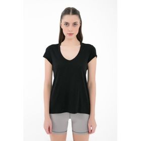 Comm-Ci Phul V Yaka Kısa Kollu Rahat Kesim Örme Siyah Kadın T-shirt