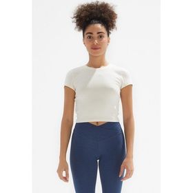 Comm-Ci Skye Bisiklet Yaka Ribanalı Kısa Kollu Örme Crop Kadın T-Shirt