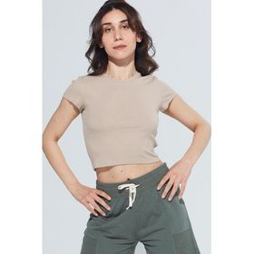 Comm-Ci Skye Bisiklet Yaka Ribanalı Kısa Kollu Örme Crop Kadın T-Shirt
