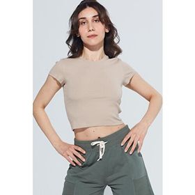 Comm-Ci Skye Bisiklet Yaka Ribanalı Kısa Kollu Örme Crop Kadın T-Shirt