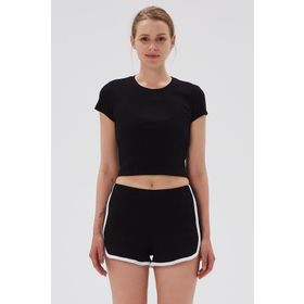 Comm-Ci Skye Bisiklet Yaka Ribanalı Kısa Kollu Örme Siyah Kadın Crop T-shirt