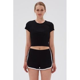 Comm-Ci Skye Bisiklet Yaka Ribanalı Kısa Kollu Örme Siyah Kadın Crop T-shirt