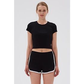 Comm-Ci Skye Bisiklet Yaka Ribanalı Kısa Kollu Örme Siyah Kadın Crop T-shirt