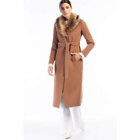 Concept 3397 Camel Yakası Kürklü Beli Bağlamalı Ara Boy Kadın Kaban