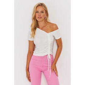 Cool & Sexy GÇ162 Beyaz Asimetrik Yaka Asansörlü Kadın Bluz