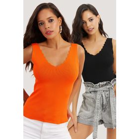 Cool & Sexy YV123 Kadın Siyah-Turuncu İkili Merdiven Yaka Triko Bluz