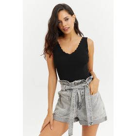 Cool & Sexy YV83 Kadın Siyah Merdiven Yaka Triko Bluz
