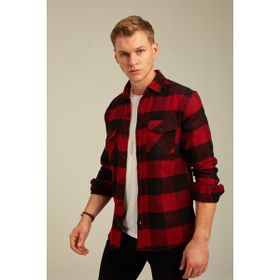 Cool Tarz CPODG001 Kırmızı Erkek Slim Fit Düğmeli Yaka Çift Cepli Oduncu Ekose Gömlek