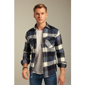 Cool Tarz CPODG001 Mavi Erkek Slim Fit Düğmeli Yaka Çift Cepli Oduncu Ekose Gömlek