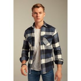 Cool Tarz CPODG001 Mavi Erkek Slim Fit Düğmeli Yaka Çift Cepli Oduncu Ekose Gömlek
