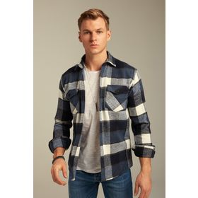 Cool Tarz CPODG001 Mavi Erkek Slim Fit Düğmeli Yaka Çift Cepli Oduncu Ekose Gömlek