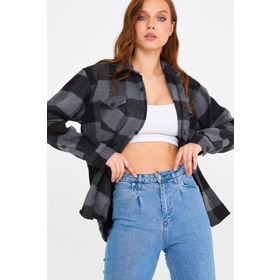 Cool Tarz KCPODG001 Antrasit Kadın Slim Fit Düğmeli Yaka Çift Cepli Oduncu Ekose Gömlek