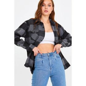 Cool Tarz KCPODG001 Antrasit Kadın Slim Fit Düğmeli Yaka Çift Cepli Oduncu Ekose Gömlek