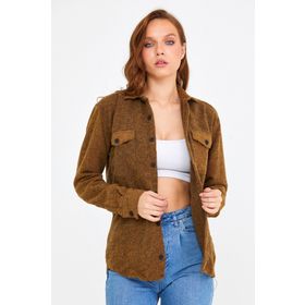 Cool Tarz KCPODG001 Hardal Kadın Slim Fit Düğmeli Yaka Çift Cepli Oduncu Düz Gömlek