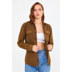 Cool Tarz KCPODG001 Hardal Kadın Slim Fit Düğmeli Yaka Çift Cepli Oduncu Düz Gömlek