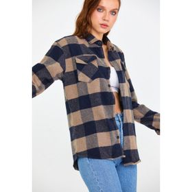 Cool Tarz KCPODG001 Kahverengi Kadın Slim Fit Düğmeli Yaka Çift Cepli Oduncu Ekose Gömlek