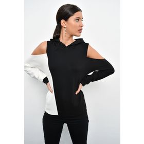 Cool&Sexy B23 Siyah Renk Bloklu Omuzları Açık Kadın Sweatshirt