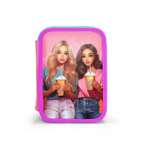Coral High 11141 Kids Pembe Neon Mercan Fashion Girl Desenli Çift Katlı Kalem Çanta