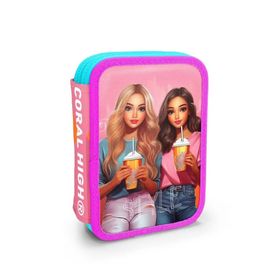 Coral High 11141 Kids Pembe Neon Mercan Fashion Girl Desenli Çift Katlı Kalem Çanta