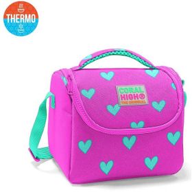 Coral High 11806 - Pembe - Yeşil Kids Neon Pembe Su Yeşili Kalp Desenli Thermo Beslenme Çantası