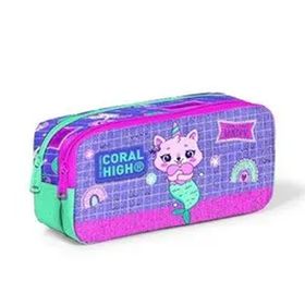 Coral High 12051 Kids Su Yeşili Lavanta Unicorn Kedi Desenli İki Bölmeli Kalem Çantası