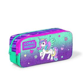 Coral High 12059 Unicorn Desenli Lila-Su Yeşili İki Bölmeli Kalem Çanta