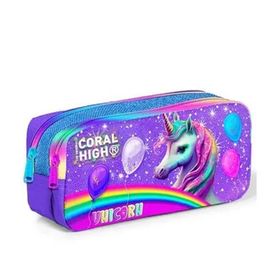 Coral High 12073 Kids Mor Pembe Simli Unicorn Desenli İki Bölmeli Kalem Çantası