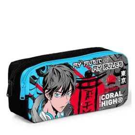 Coral High 12076 Kids Siyah Mavi Anime Desenli İki Bölmeli Kalem Çantası