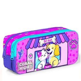 Coral High 12079 Mor Pembe Kedi Köpek Desenli İki Bölmeli Kalem Çantası