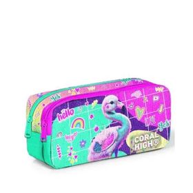 Coral High 12080 Kids Pembe Su Yeşili Flamingo Desenli İki Bölmeli Kalem Çantası