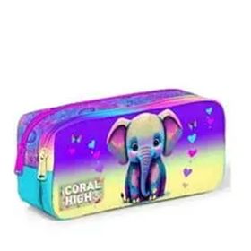 Coral High 12083 Kids Pembe Turkuaz Fil Desenli İki Bölmeli Kalem Çantası