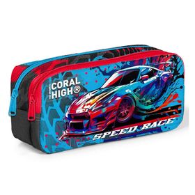 Coral High 12085 Kids Gri Mavi Yarış Arabası Desenli İki Bölmeli Kalem Çantası