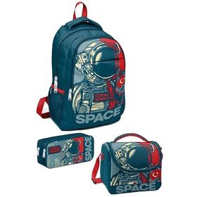 Coral High 123 Kids Çivit Kırmızı Astronot Desenli 3’lü Okul Çanta Seti