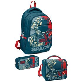 Coral High 123 Kids Çivit Kırmızı Astronot Desenli 3’lü Okul Çanta Seti