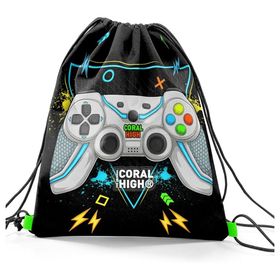 Coral High 12655 Kids Siyah Fosforlu Yeşil Gamer Desenli İpli Büzgülü Sırt Çantası