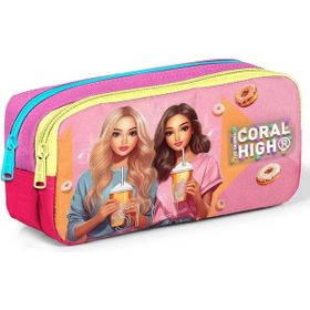 Coral High 22144 Kids Pembe Neon Mercan Fashion Girl Desenli 2 Bölmeli Kalem Çantası
