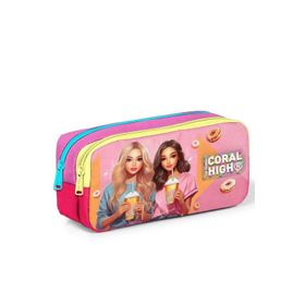 Coral High 22144 Kids Pembe Neon Mercan Fashion Girl Desenli 2 Bölmeli Kalem Çantası