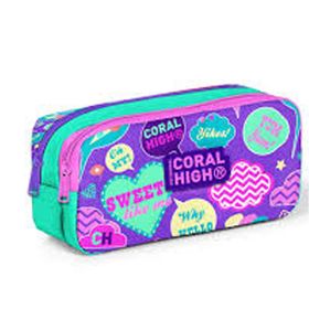 Coral High 22159 Kids Su Yeşili Mor Desenli Iki Bölmeli Kalem Çantası