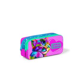 Coral High 22185 KK01 Kids Pembe Mavi Simli Kedi Desenli İki Bölmeli Kalem Çantası