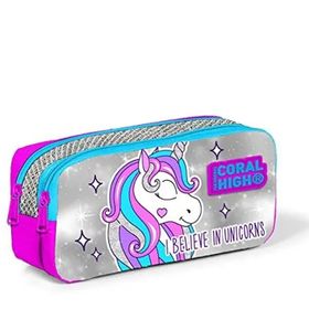 Coral High 22291 Kids Pembe Gümüş Simli Kumaşlı Unicornlu İki Bölmeli Kalem Çantası