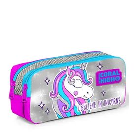 Coral High 22291 Kids Pembe Gümüş Simli Unicorn Desenli Iki Bölmeli Kalem Çantası
