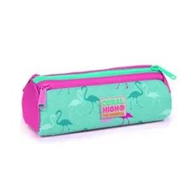 Coral High 22315e Kids Su Yeşili Neon Pembe Flamingo Desenli Üç Bölmeli Kalem Çantası