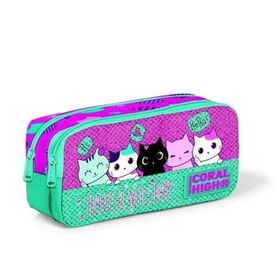 Coral High 22395 Kids Pembe Su Yeşili Kedi Desenli Simli İki Bölmeli Kalem Çantası