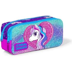 Coral High 22397 Kids Mor Pembe Unicorn Desenli Simli İki Bölmeli Kalem Çantası