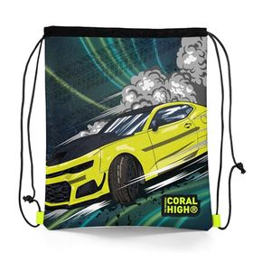 Coral High 22480 Kids Nefti Fosforlu Sarı Araba Desenli İpli Büzgülü Sırt Çantası