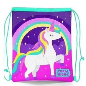 Coral High 22483 Kids Mor Su Yeşili Unicorn Desenli İpli Büzgülü Sırt Okul Çantası