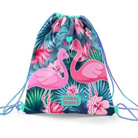 Coral High 22484 Kids Neon Mercan Su Yeşili Flamingo Desenli Ipli Büzgülü Sırt Okul Çantası